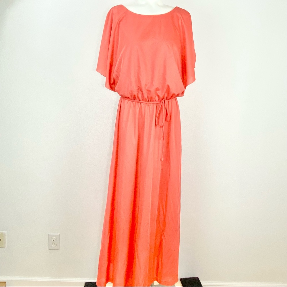 VINTAGE 1970s RICH CORAL cape piece top GODDESS drape Maxi gown dress